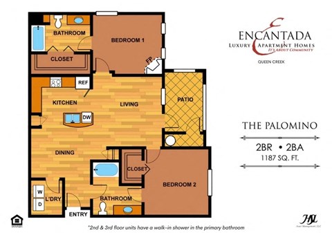 Floor plan for 2 beds, 2 baths, 1187 sqft